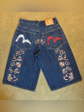 VTG Evisu Denim Shorts Blue Embroidered Men’s 32 Baggy Y2K Hip Hop Skater Grunge